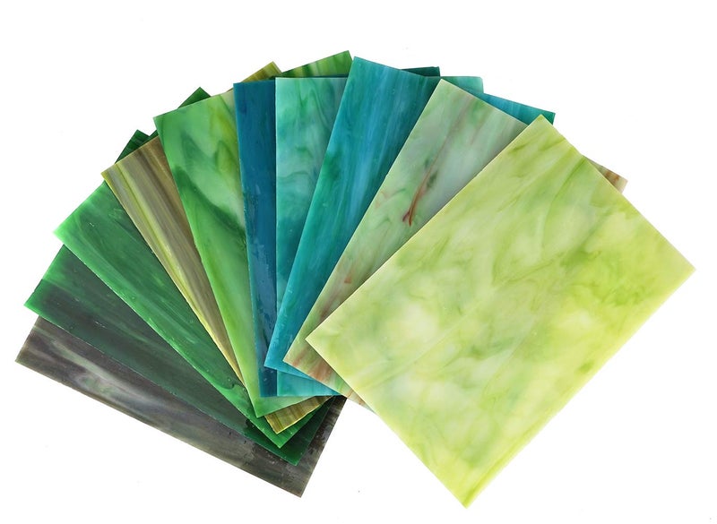 Lanyani 10 Sheets Variety Stained Glass Sheets Pack, 4 x 6 inch Large Cathedral Glass Mosaic Tiles for Crafts, Green Mixed - Image 2
